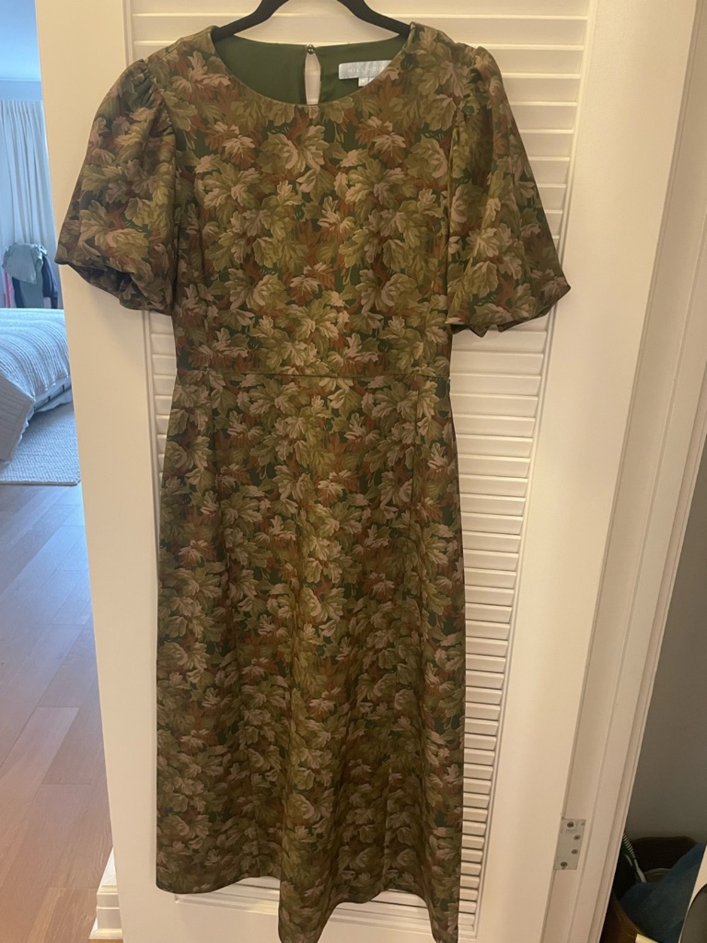 Hill House Olive Floral Midi Dress with Muted Brown Accents